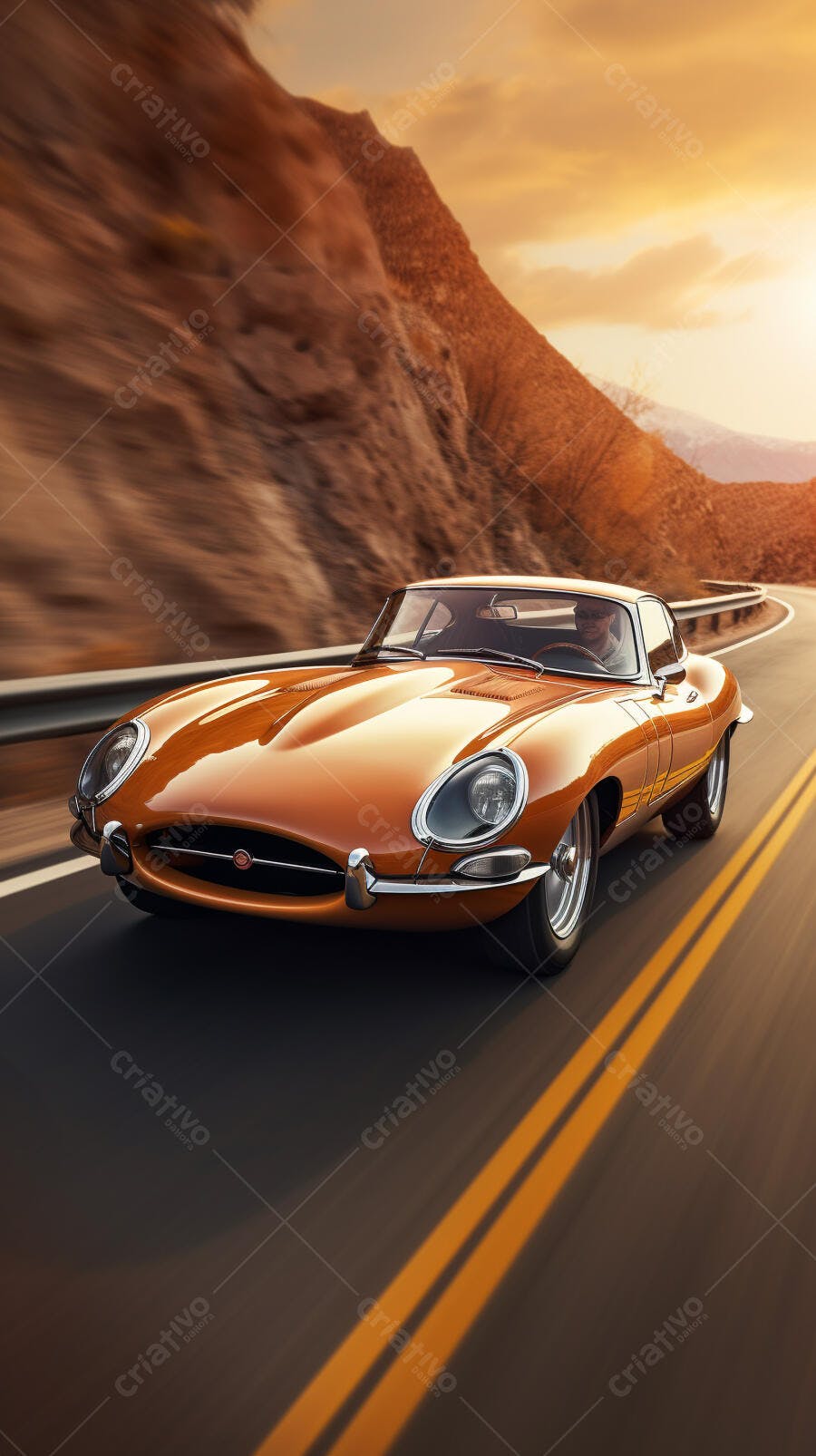 Jaguar E-Type laranja em estrada de montanha ao pôr do sol