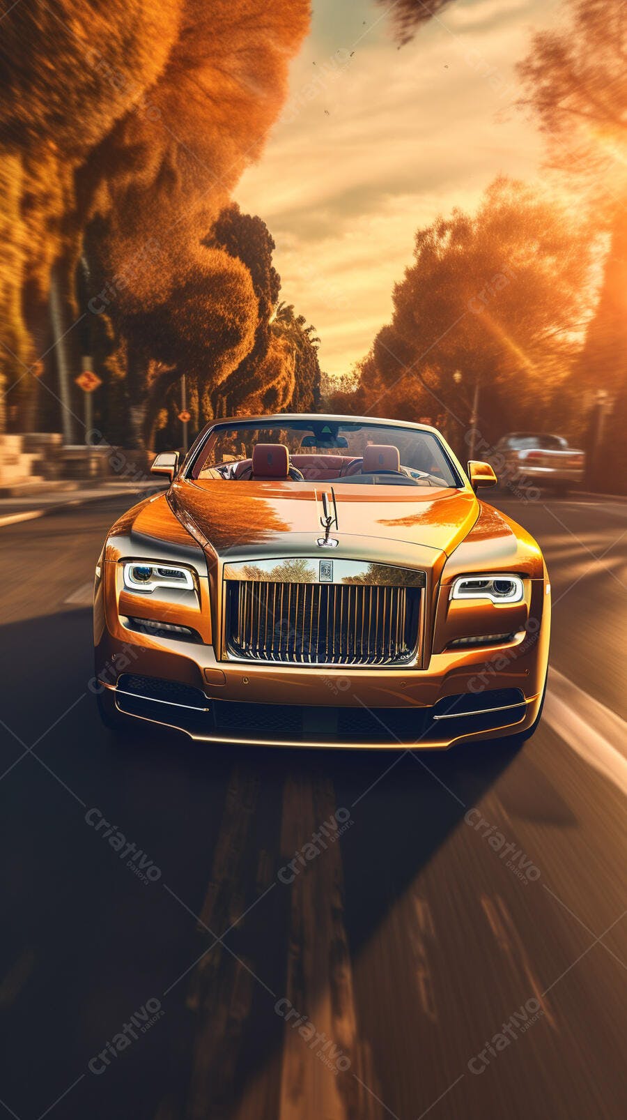 Rolls Royce dourado no pôr do sol