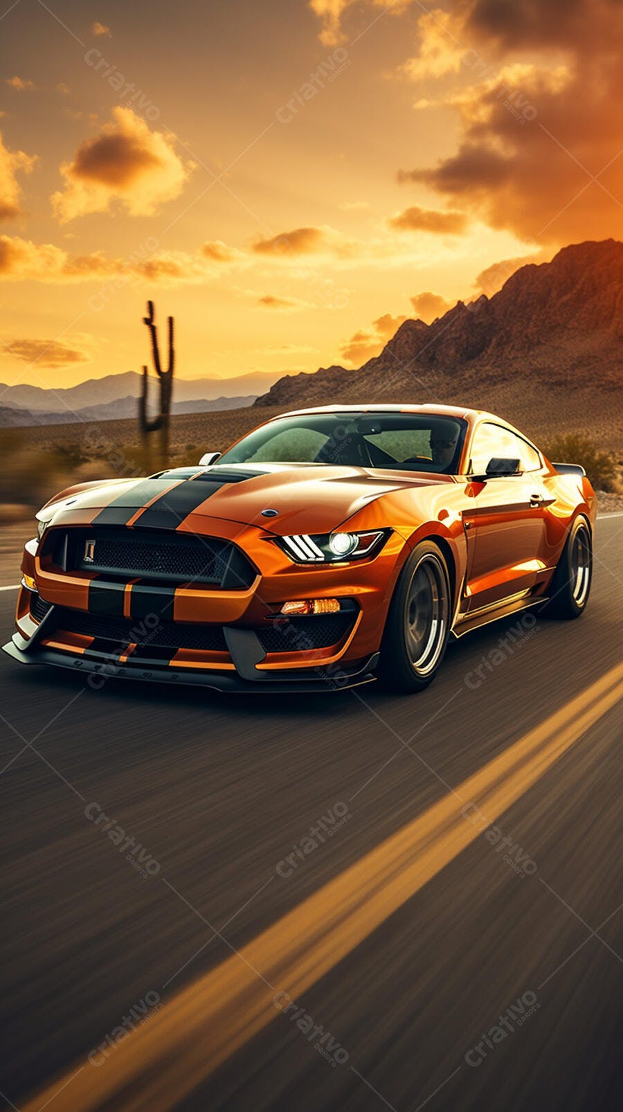 Mustang laranja em estrada desértica ao pôr do sol