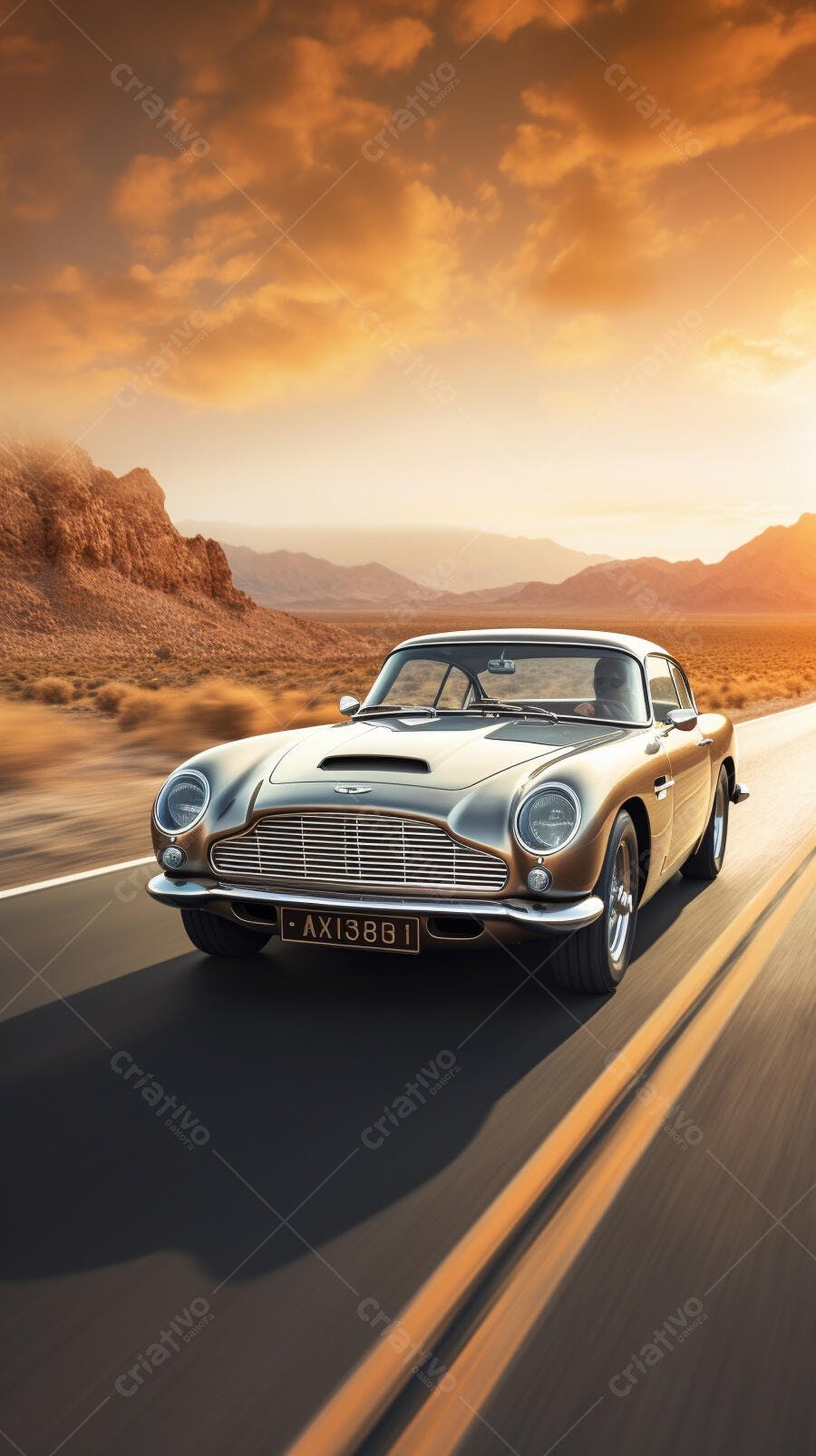 Aston Martin DB6 dirigindo no deserto ao pôr do sol