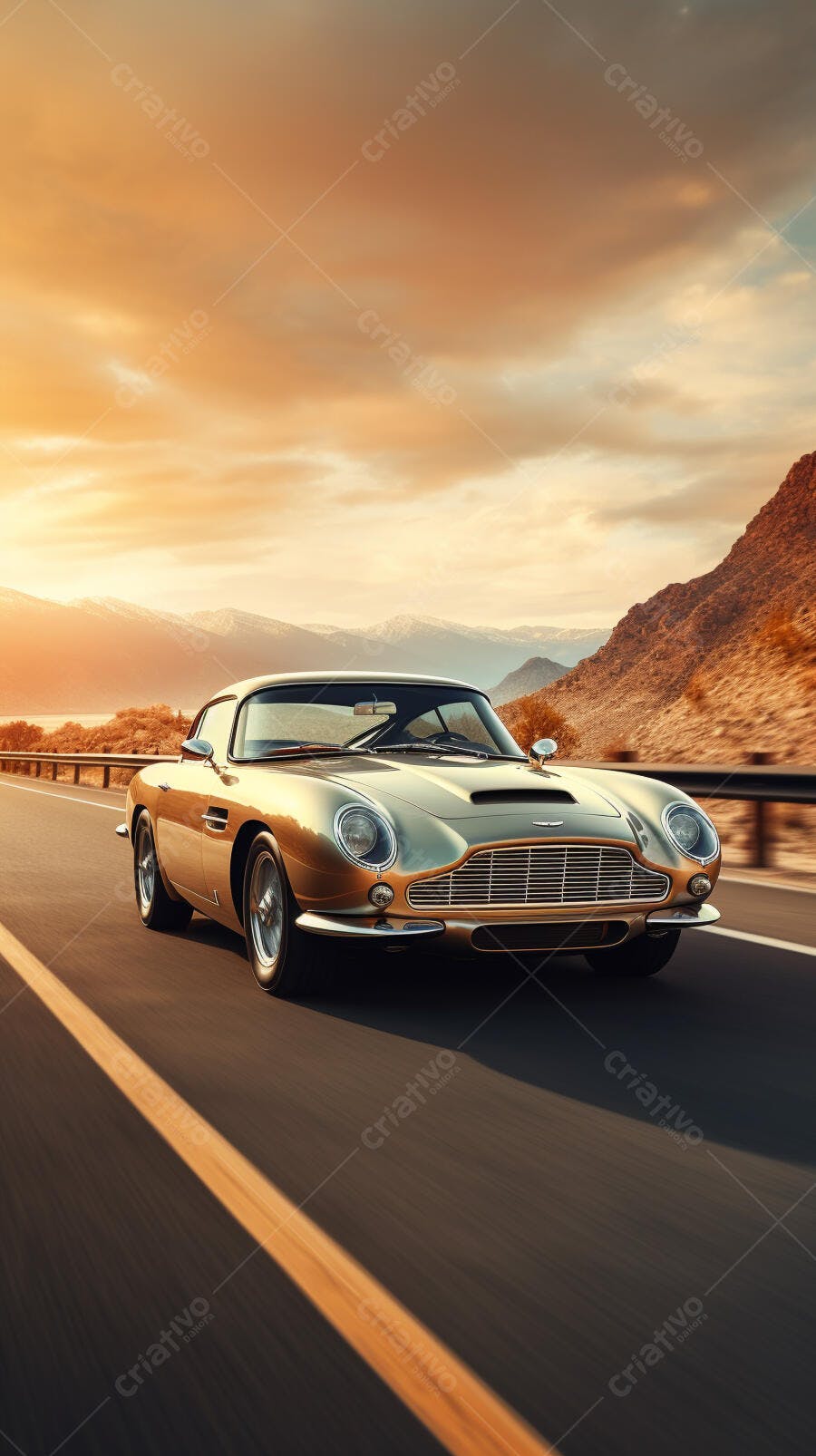 Aston Martin DB6 ouro no deserto ao pôr do sol