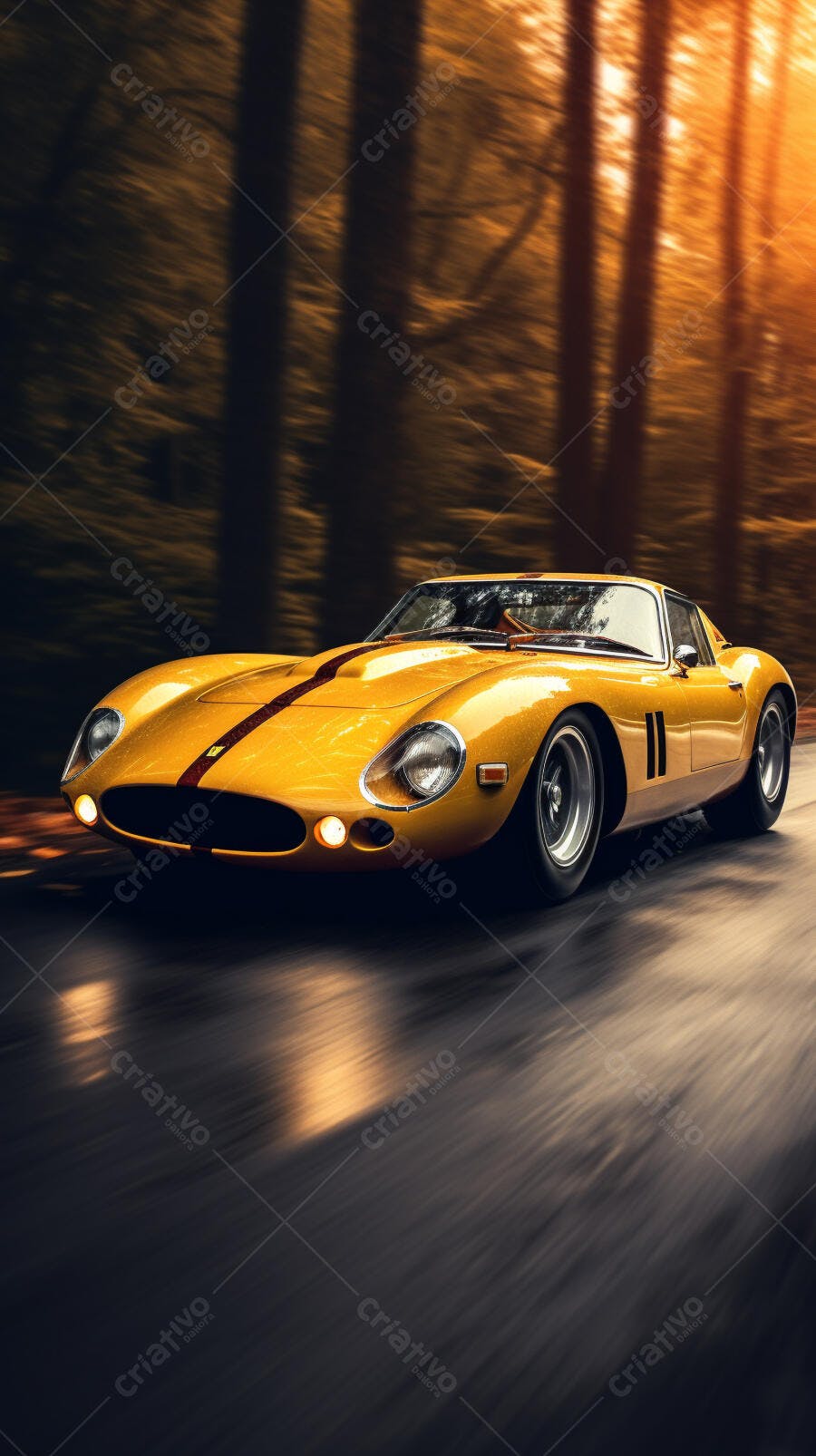 Ferrari amarela em estrada florestal