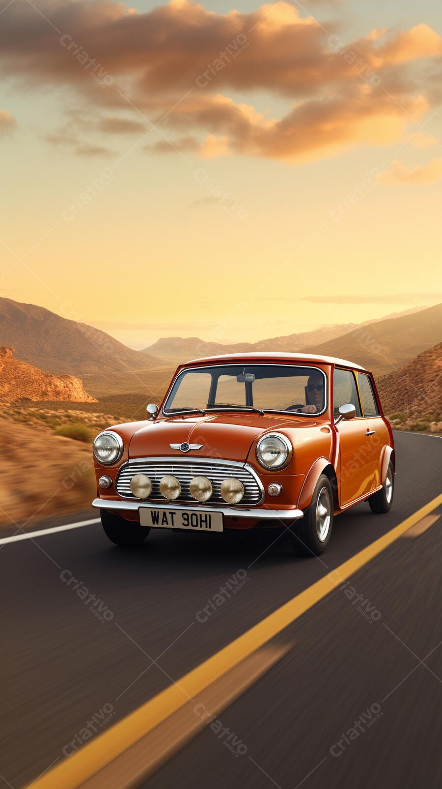 Mini Cooper Laranja em Estrada Desértica ao Pôr do Sol
