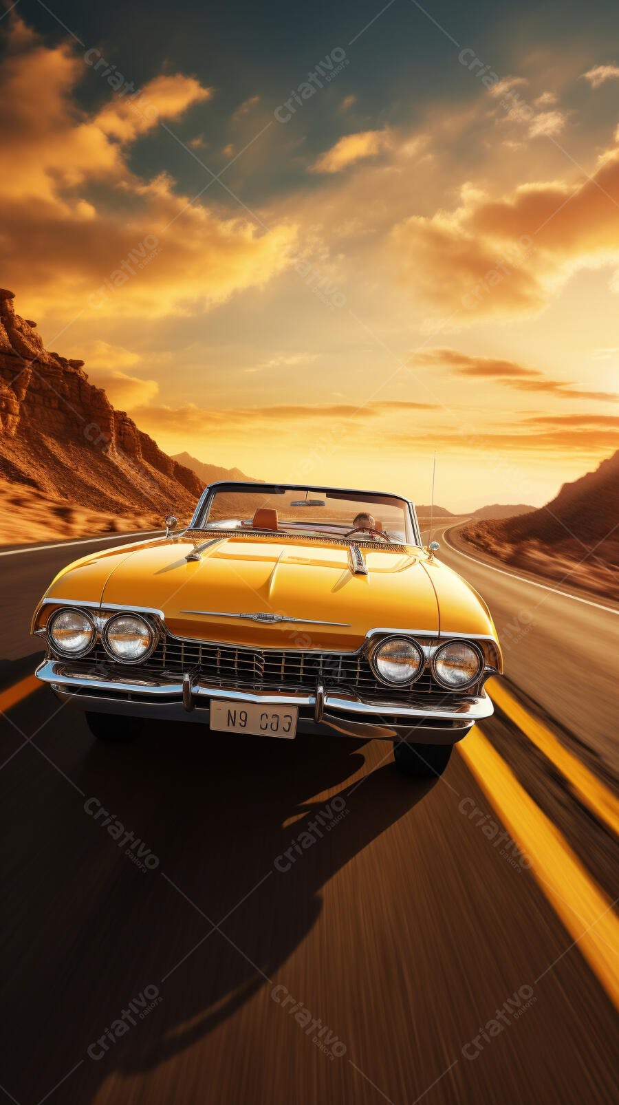 Convertible amarelo em estrada desértica ao pôr do sol