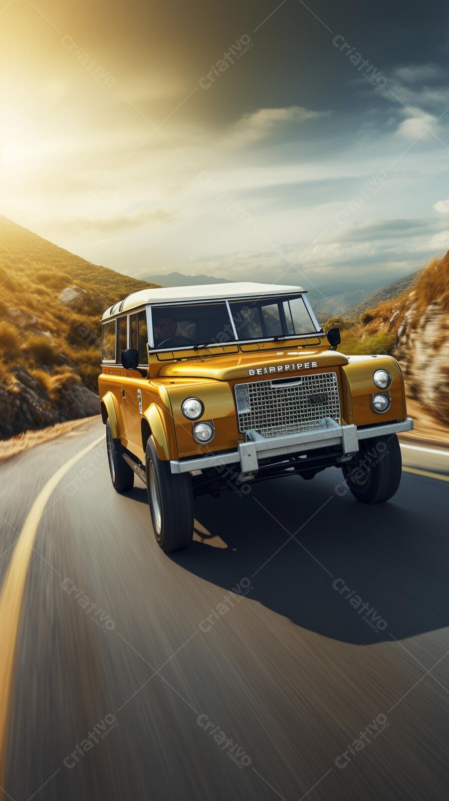 Land Rover dourado em estrada de montanha ao pôr do sol