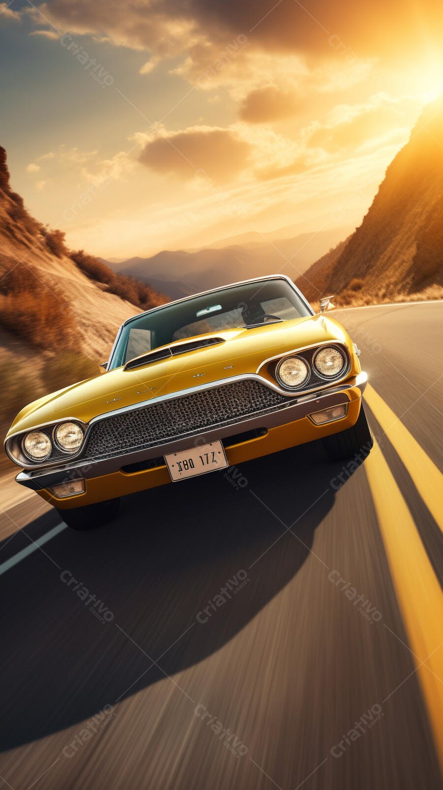 Muscle Car Amarelo em Estrada de Montanha ao Pôr do Sol
