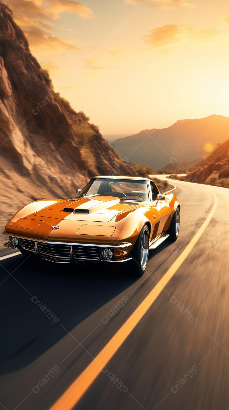 Chevrolet Corvette clássico estrada montanhosa pôr do sol