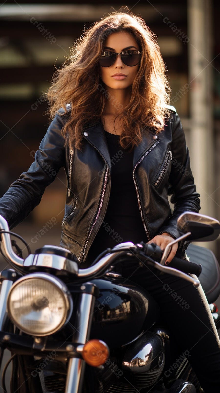 Mulher em jaqueta de couro em moto