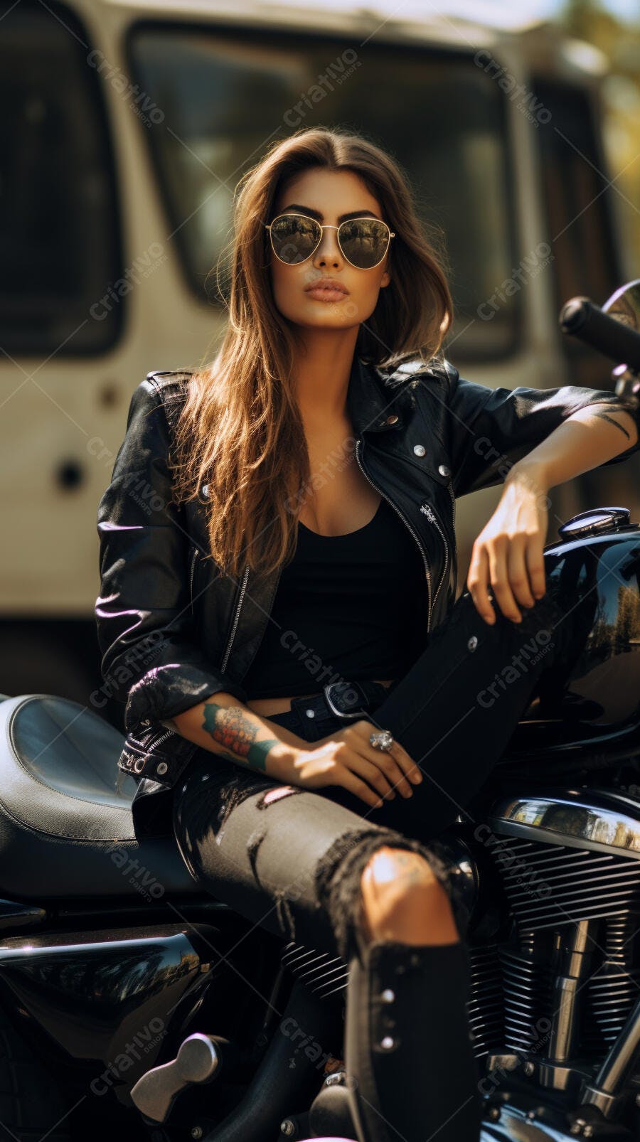 Mulher motociclista com jaqueta de couro