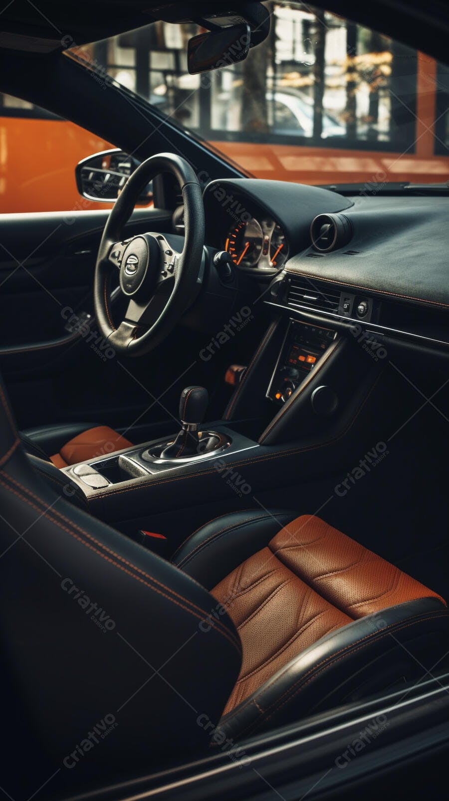 Interior de carro esportivo marrom e preto