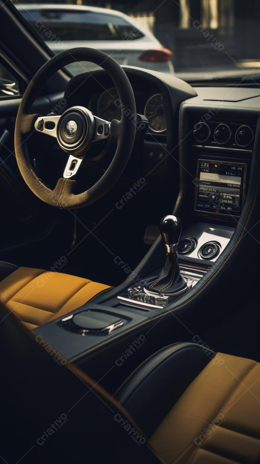 Interior de carro esportivo preto e amarelo
