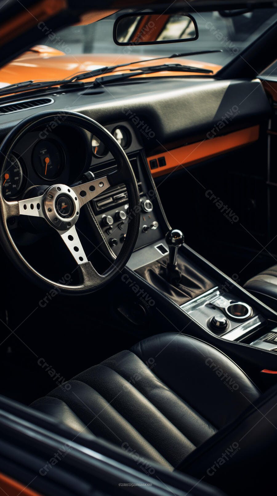 Interior de carro clássico laranja e preto
