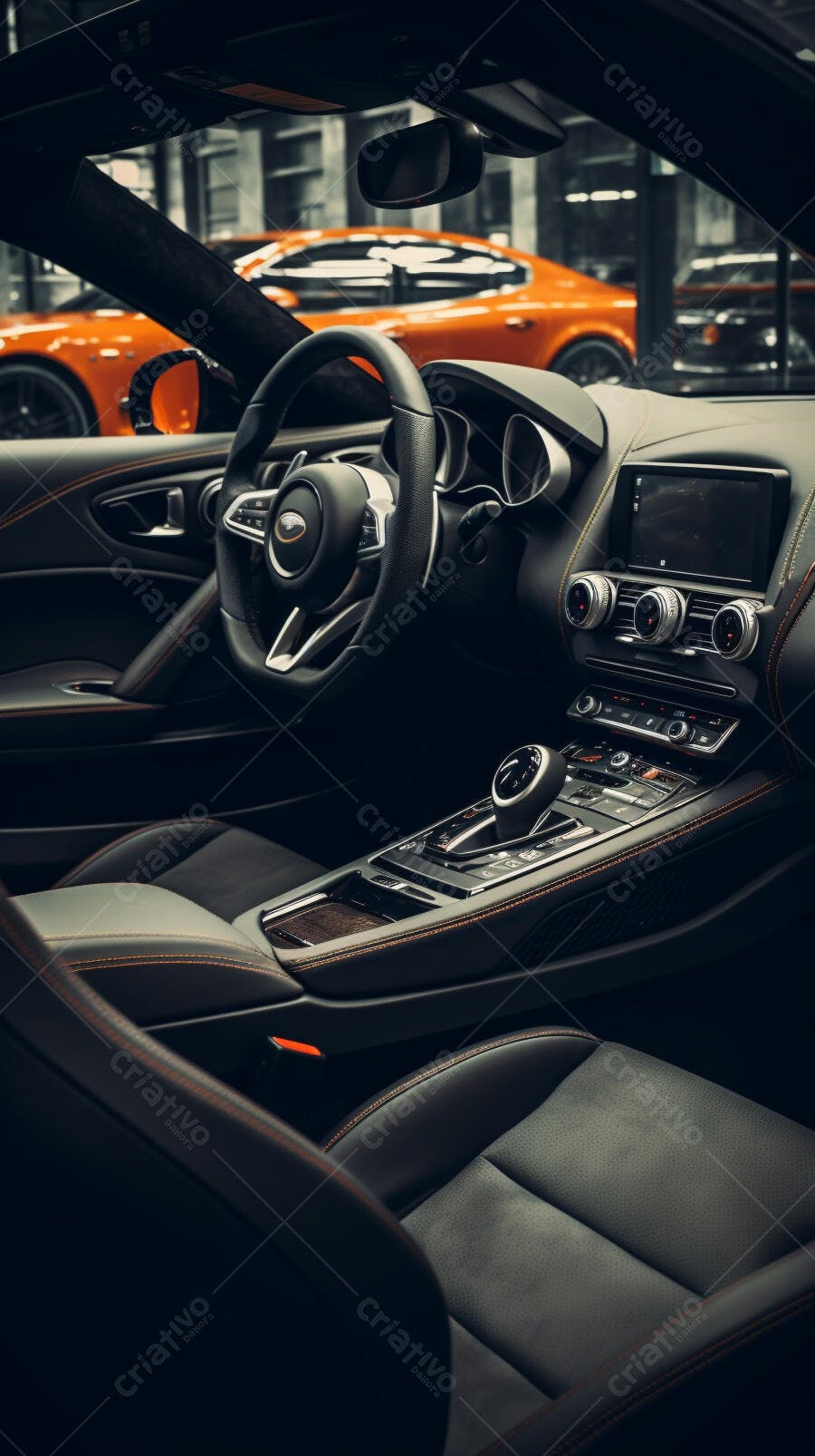 Interior de carro esportivo preto e laranja