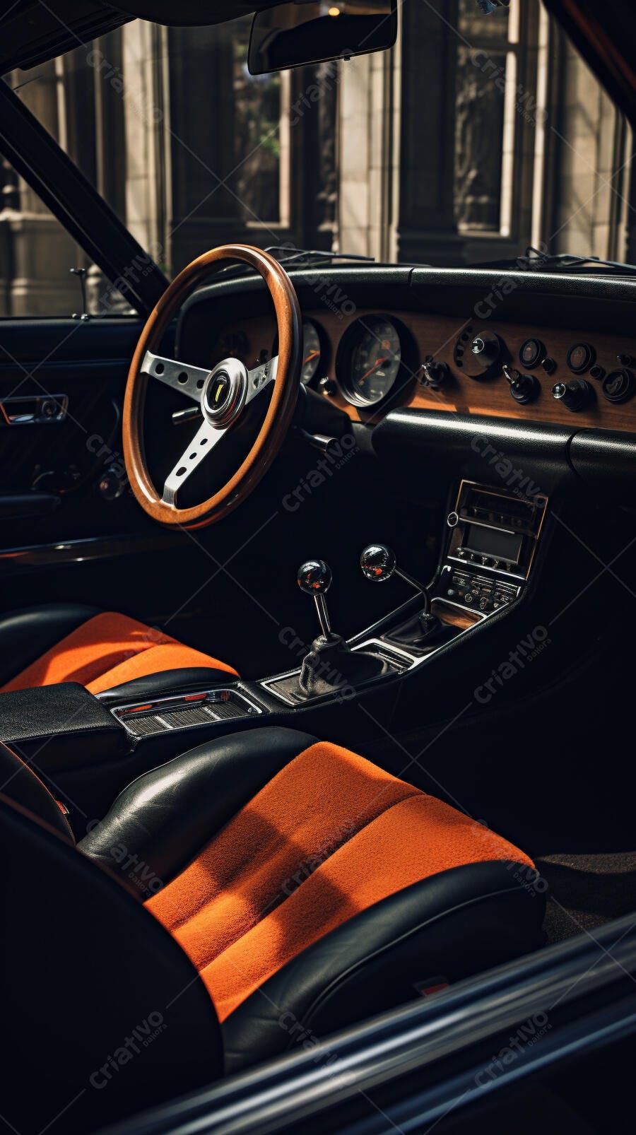 Interior de carro clássico preto e laranja