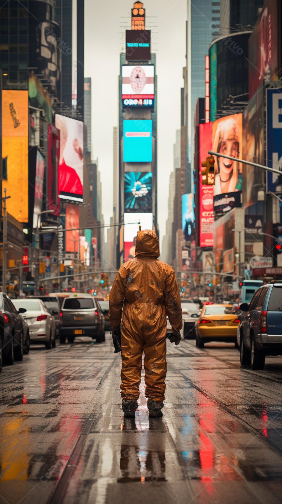 Trabalhador em macacão laranja na Times Square