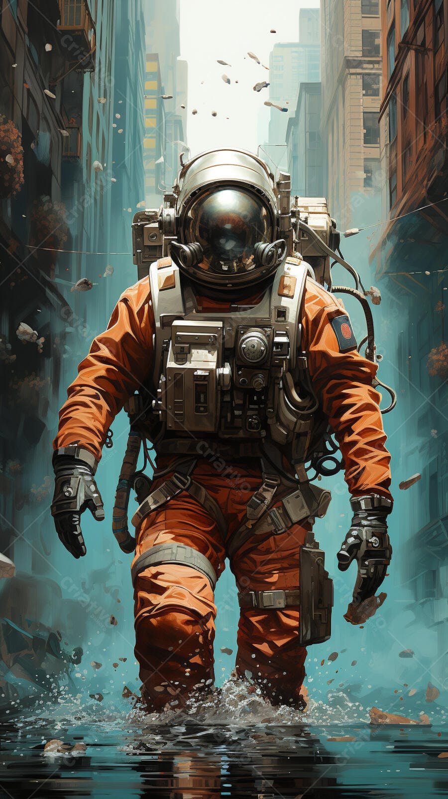 Astronauta em rua inundada cidade futurista