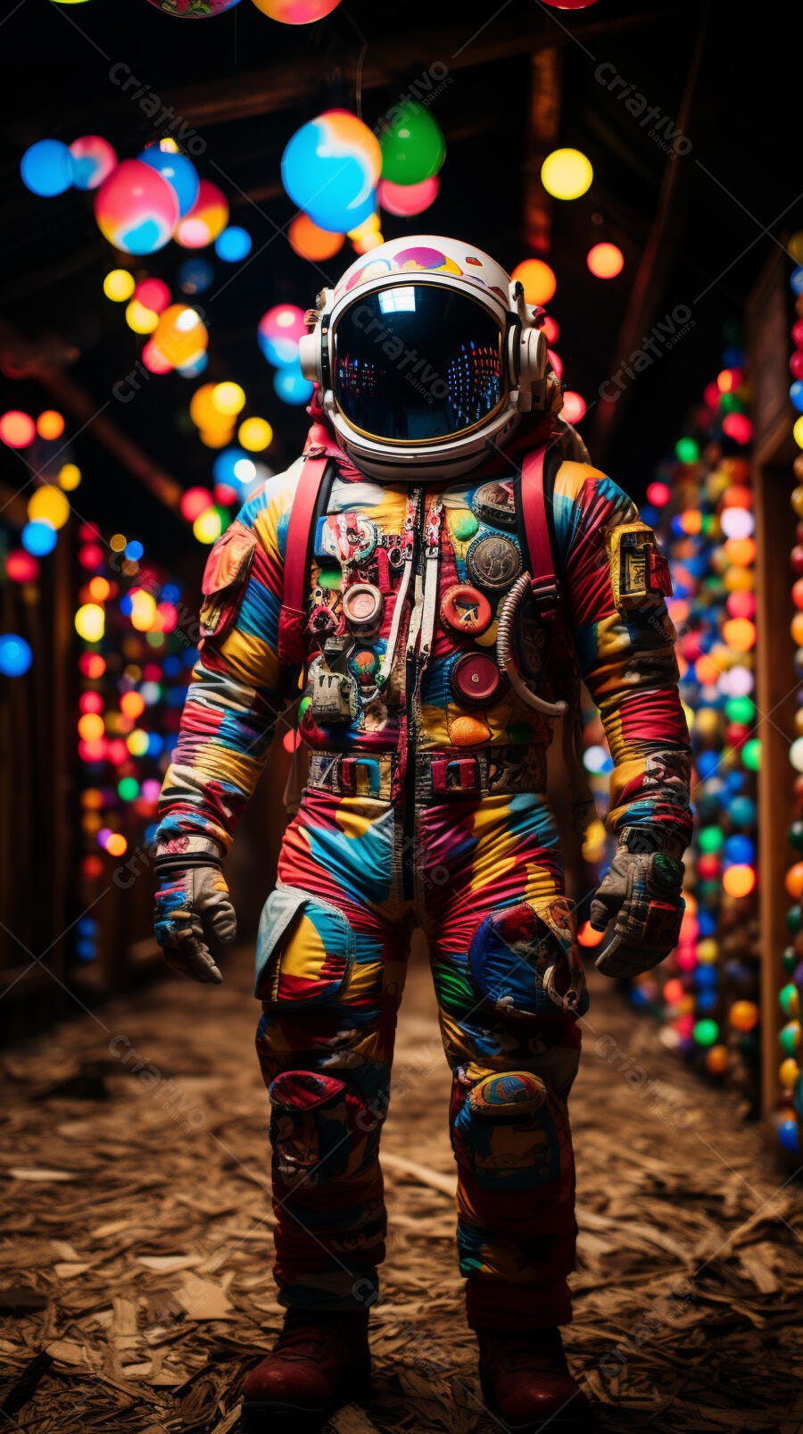 Astronauta colorido em corredor iluminado
