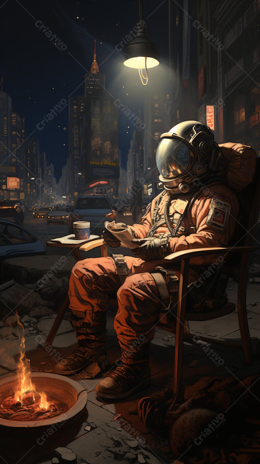 Astronauta lendo em Nova York à noite