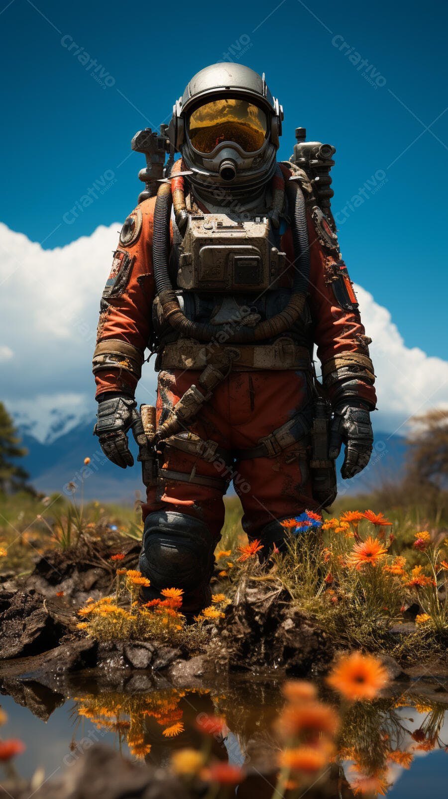 Astronauta em Campo de Flores Laranjas