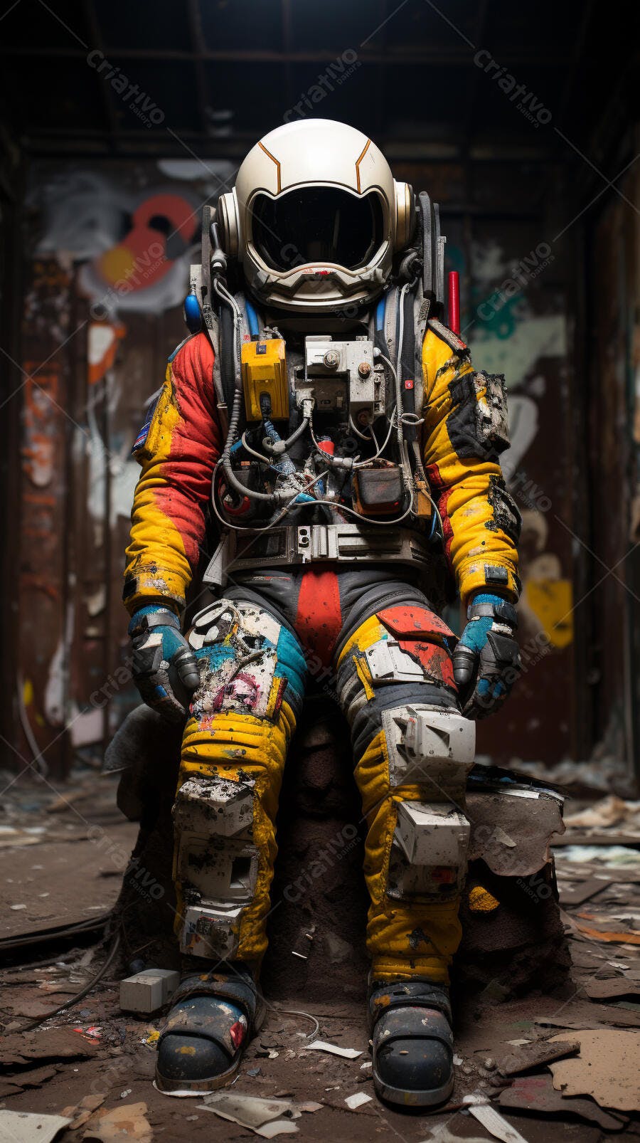 Astronauta cansado em ambiente pós-apocalíptico