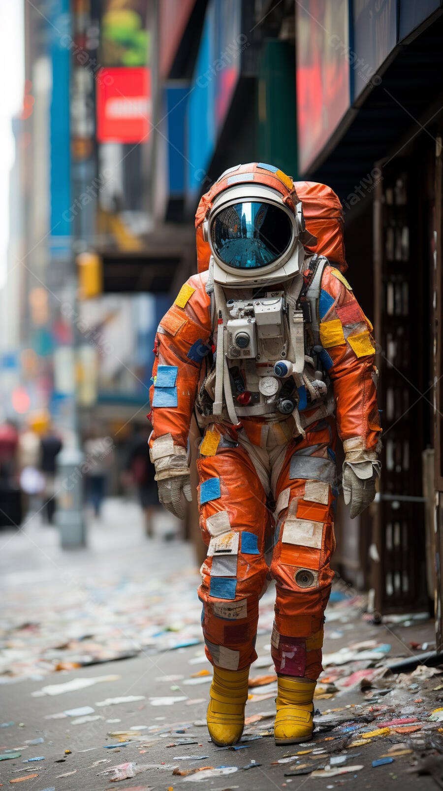 Astronauta em rua de cidade moderna