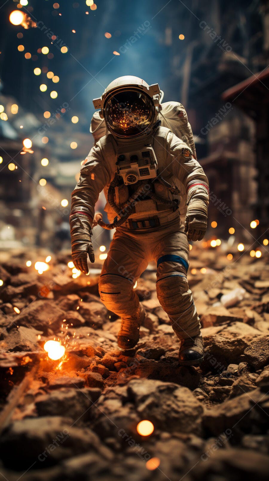 Astronauta caminhando em solo rochoso com faíscas