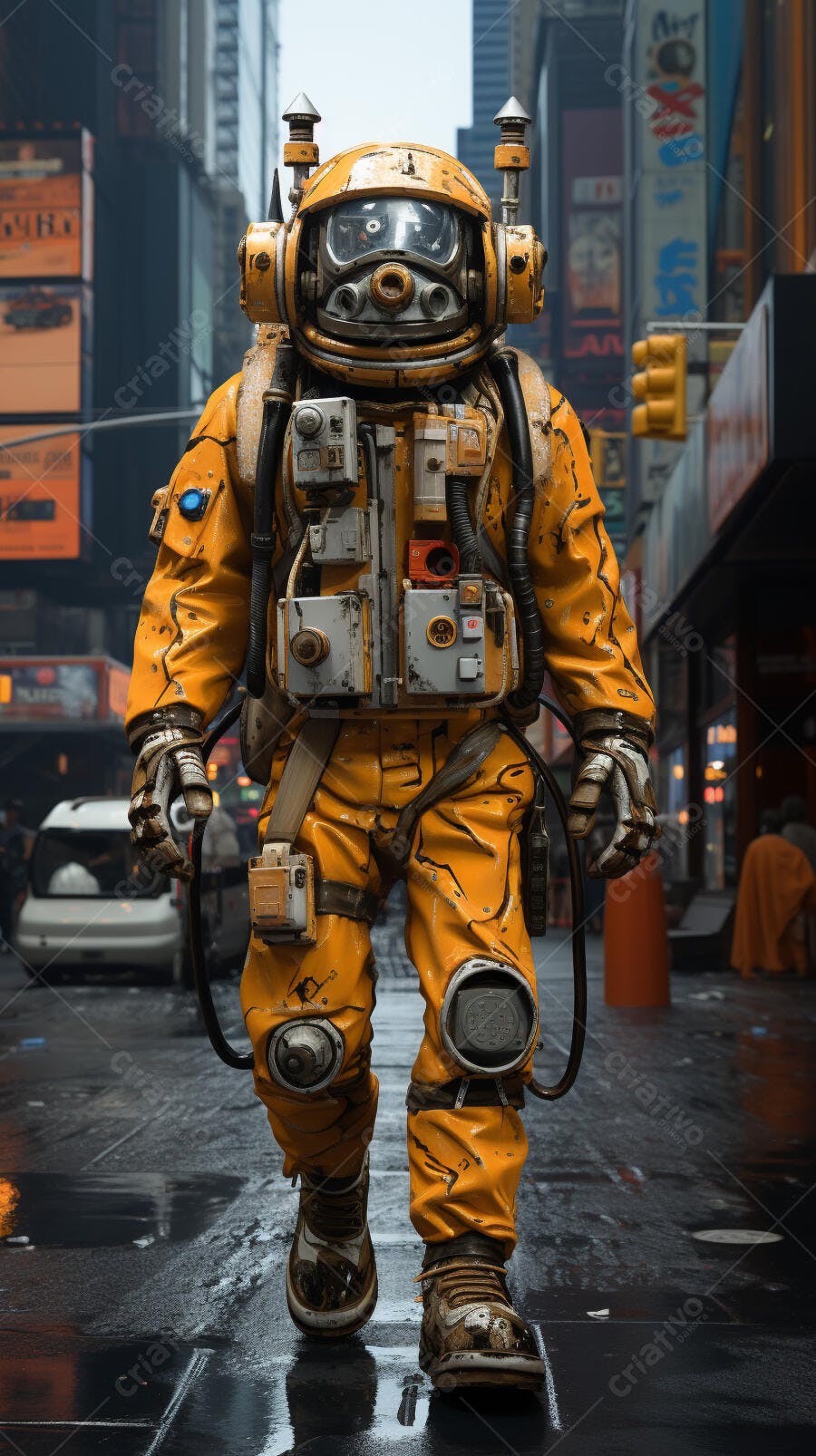 Astronauta em traje amarelo andando em rua de cidade