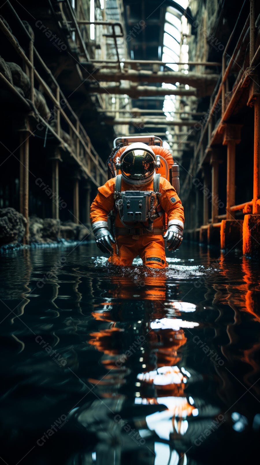 Astronauta em traje laranja atravessando água escura