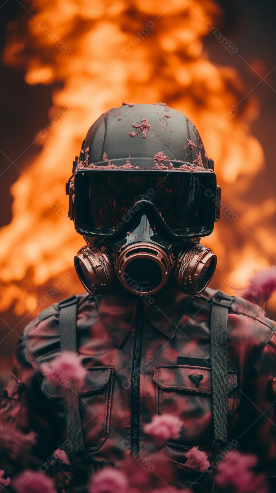 Soldado com máscara de gás em cenário de incêndio