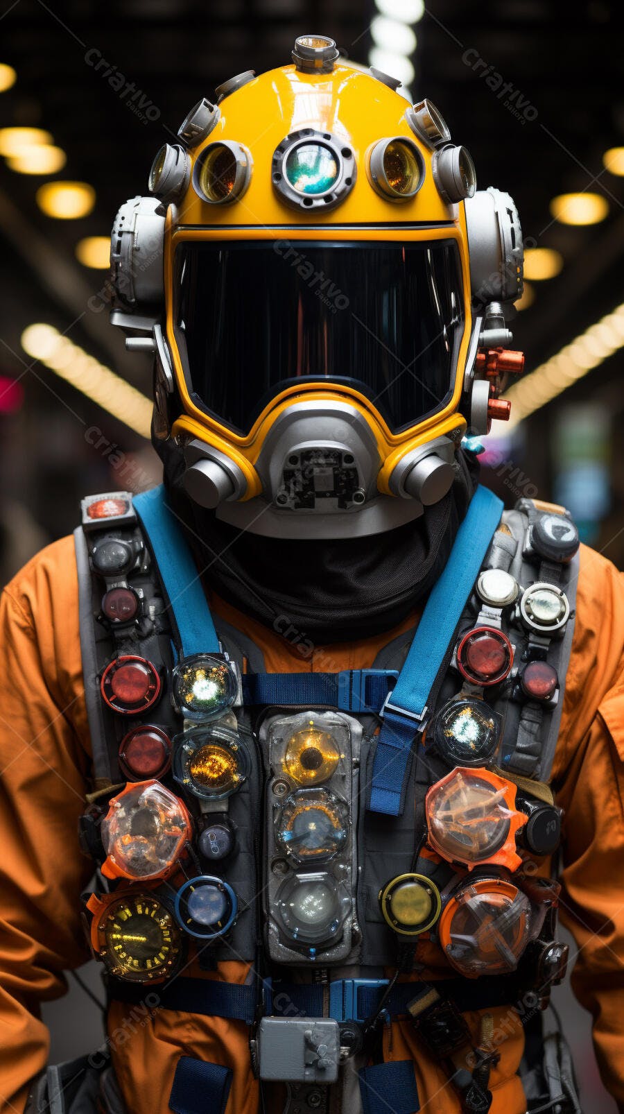 Astronauta com traje futurista laranja e amarelo