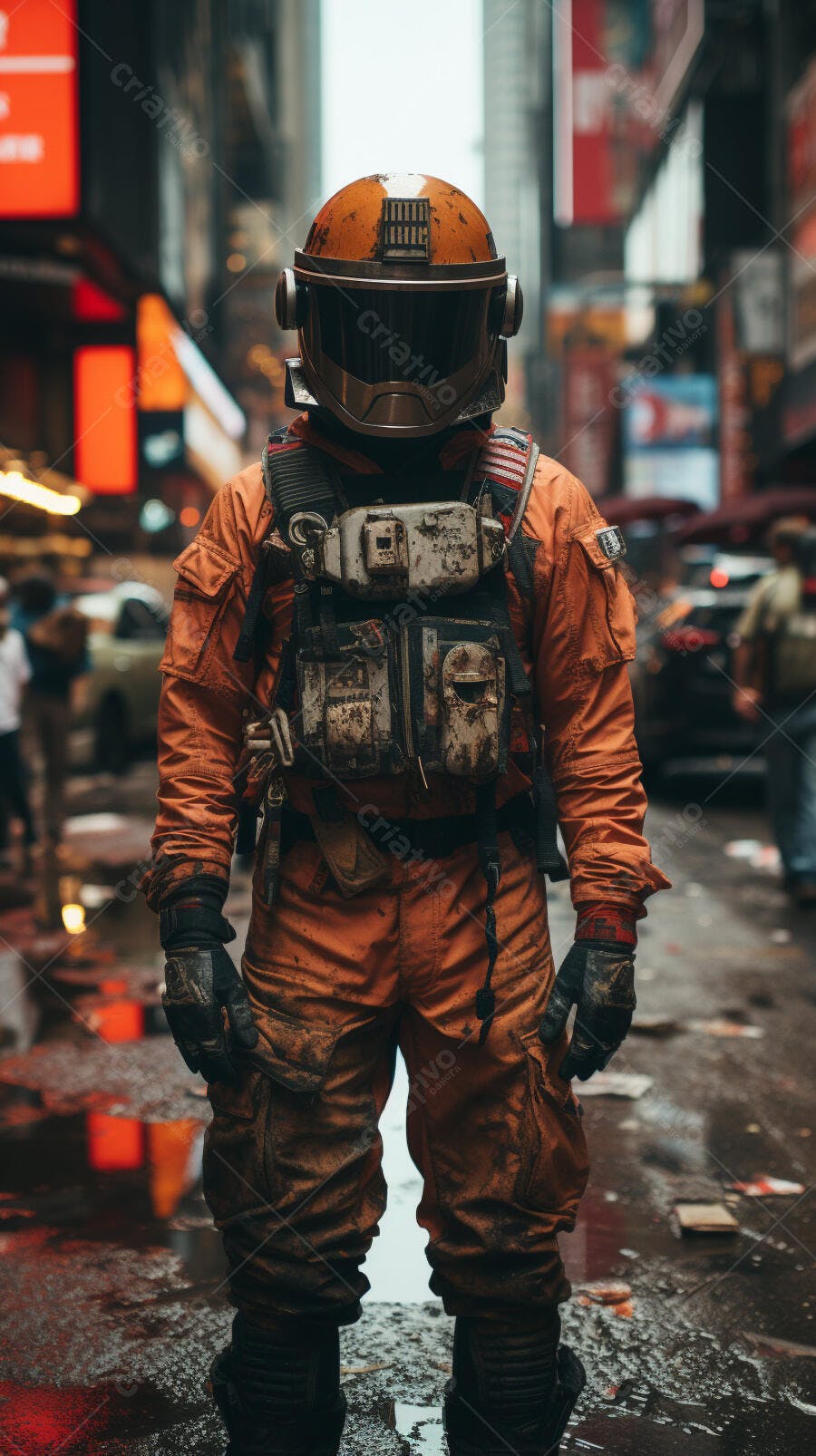 Astronauta em traje sujo em cidade