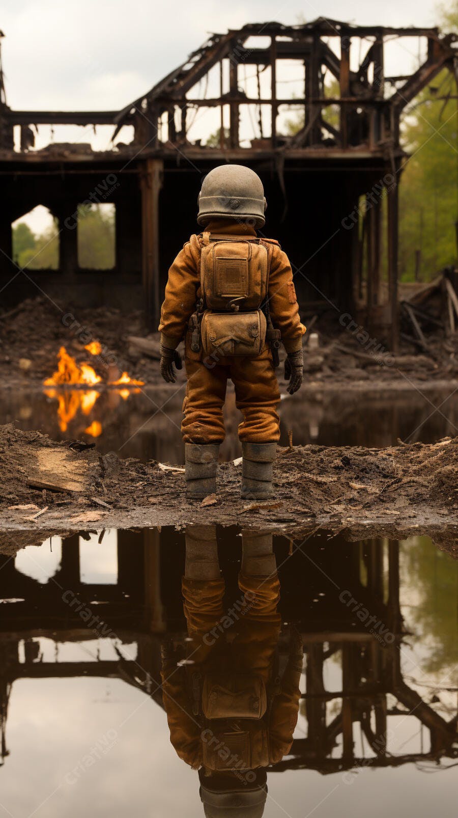 Astronauta em ruínas pós-incêndio
