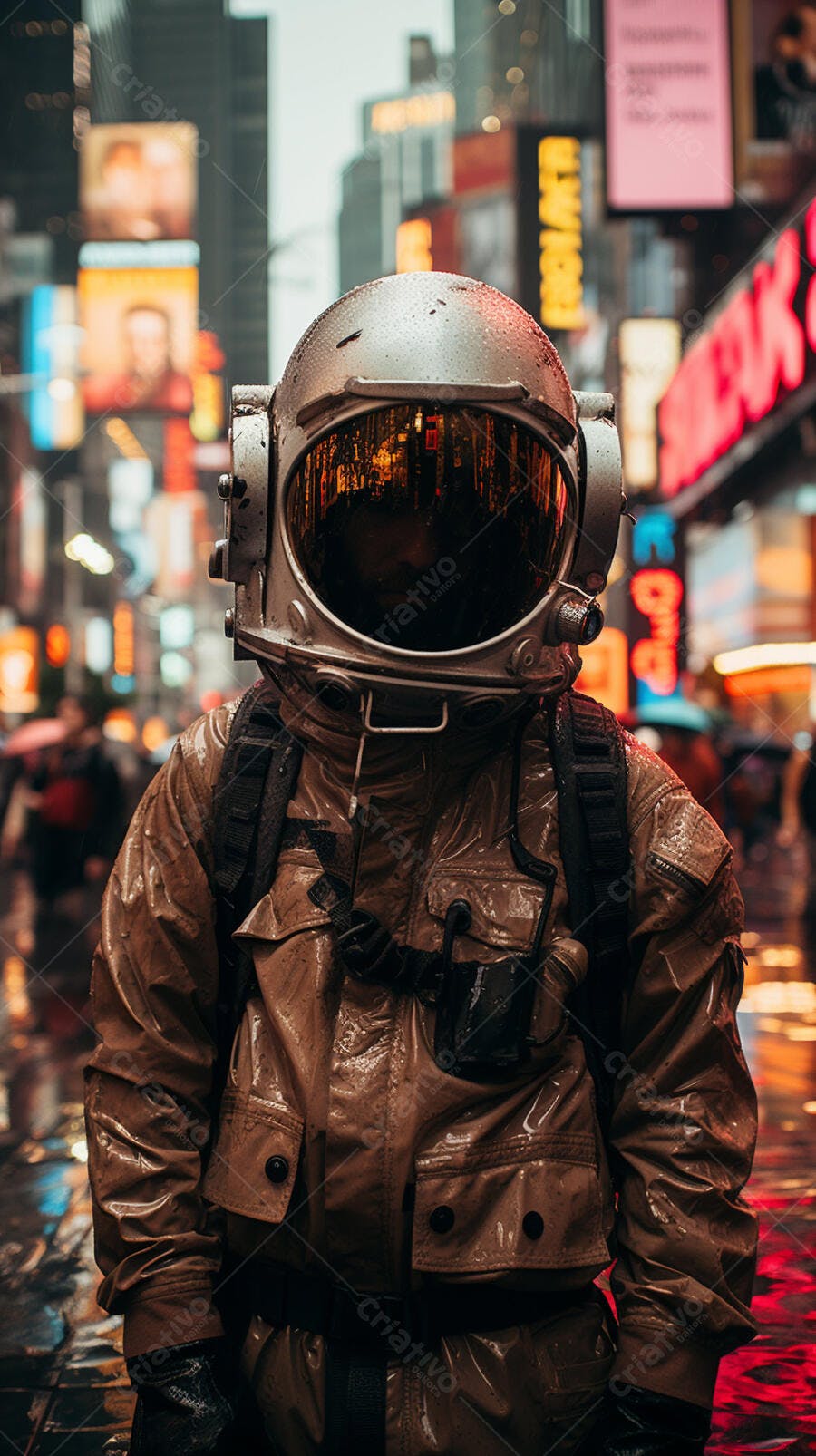 Astronauta em Times Square chuva
