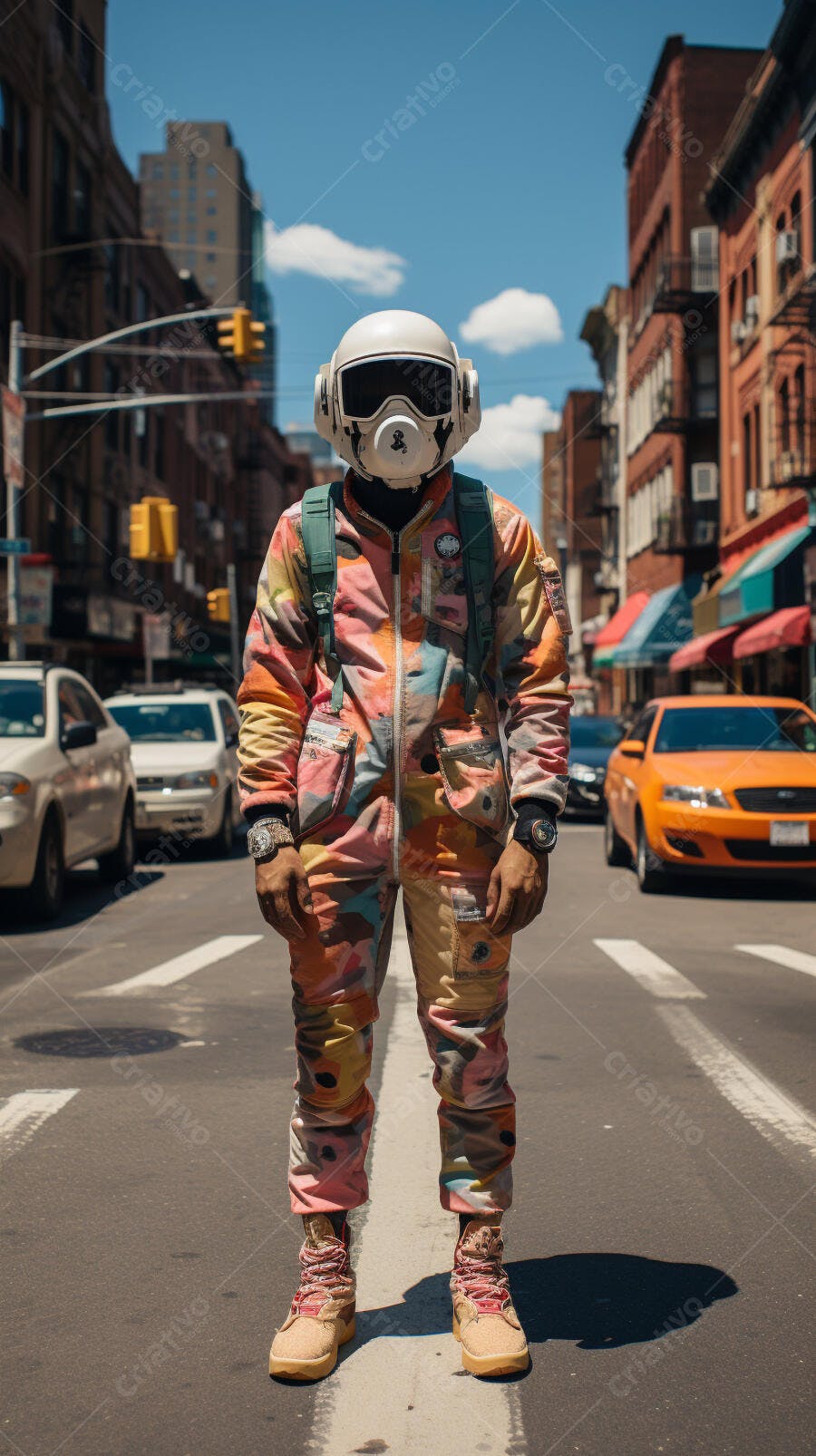 Homem com macacão colorido e capacete na rua