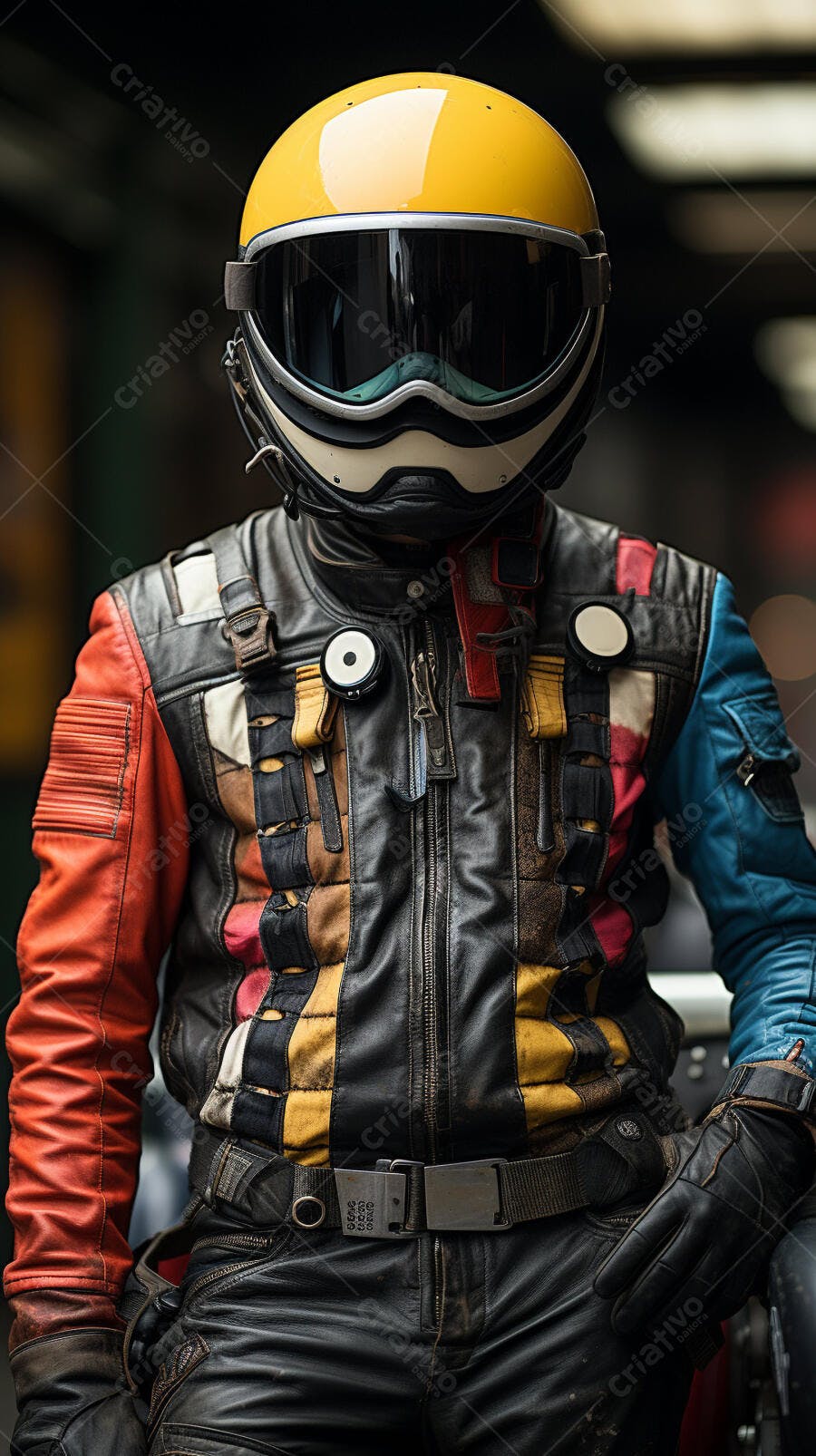 Motociclista com jaqueta de couro colorida e capacete amarelo