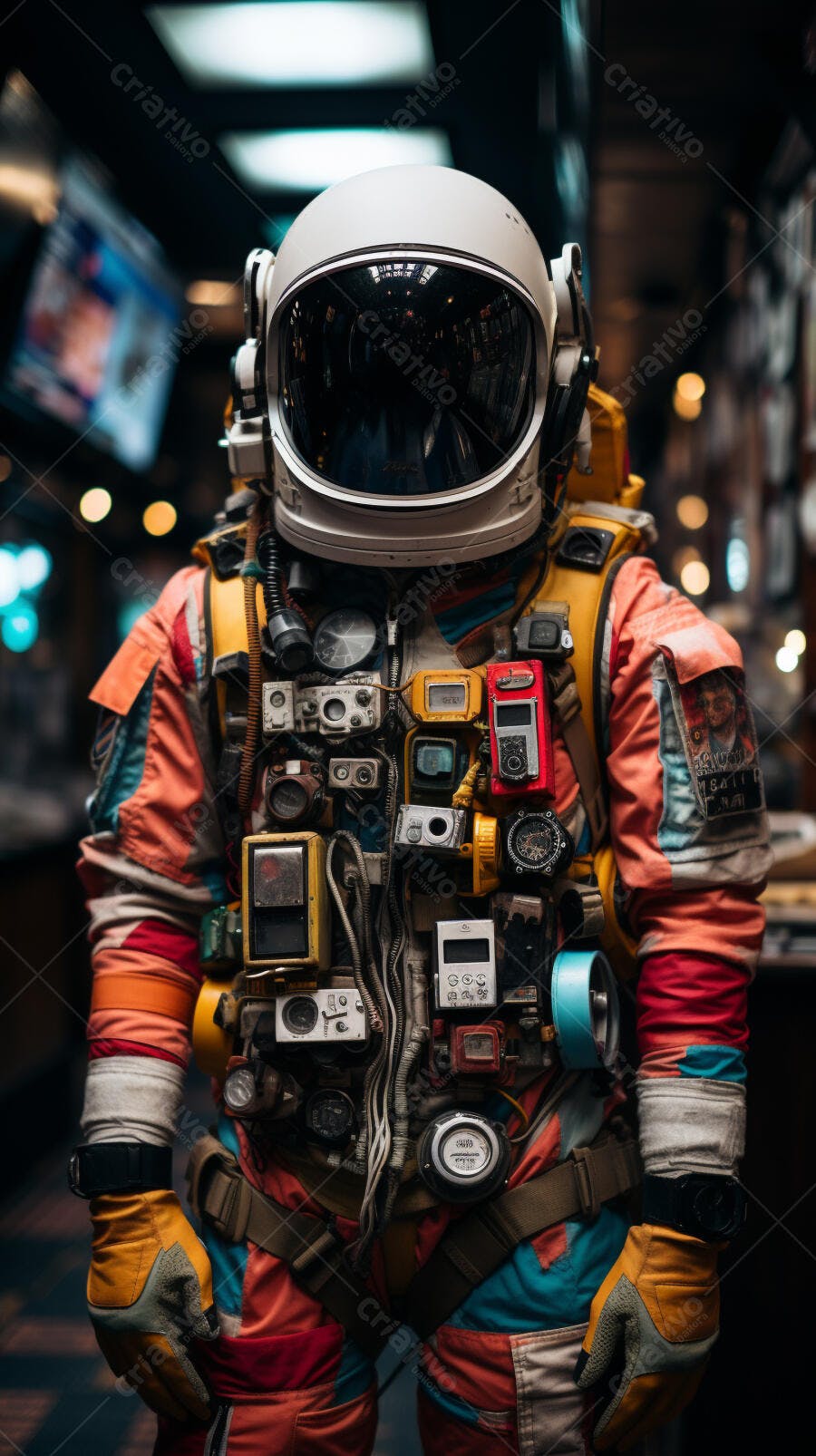 Astronauta com traje colorido em ambiente urbano