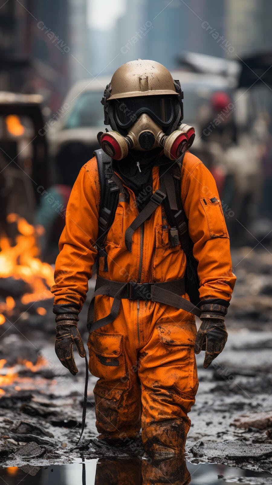 Bombeiro em traje laranja em cenário de incêndio