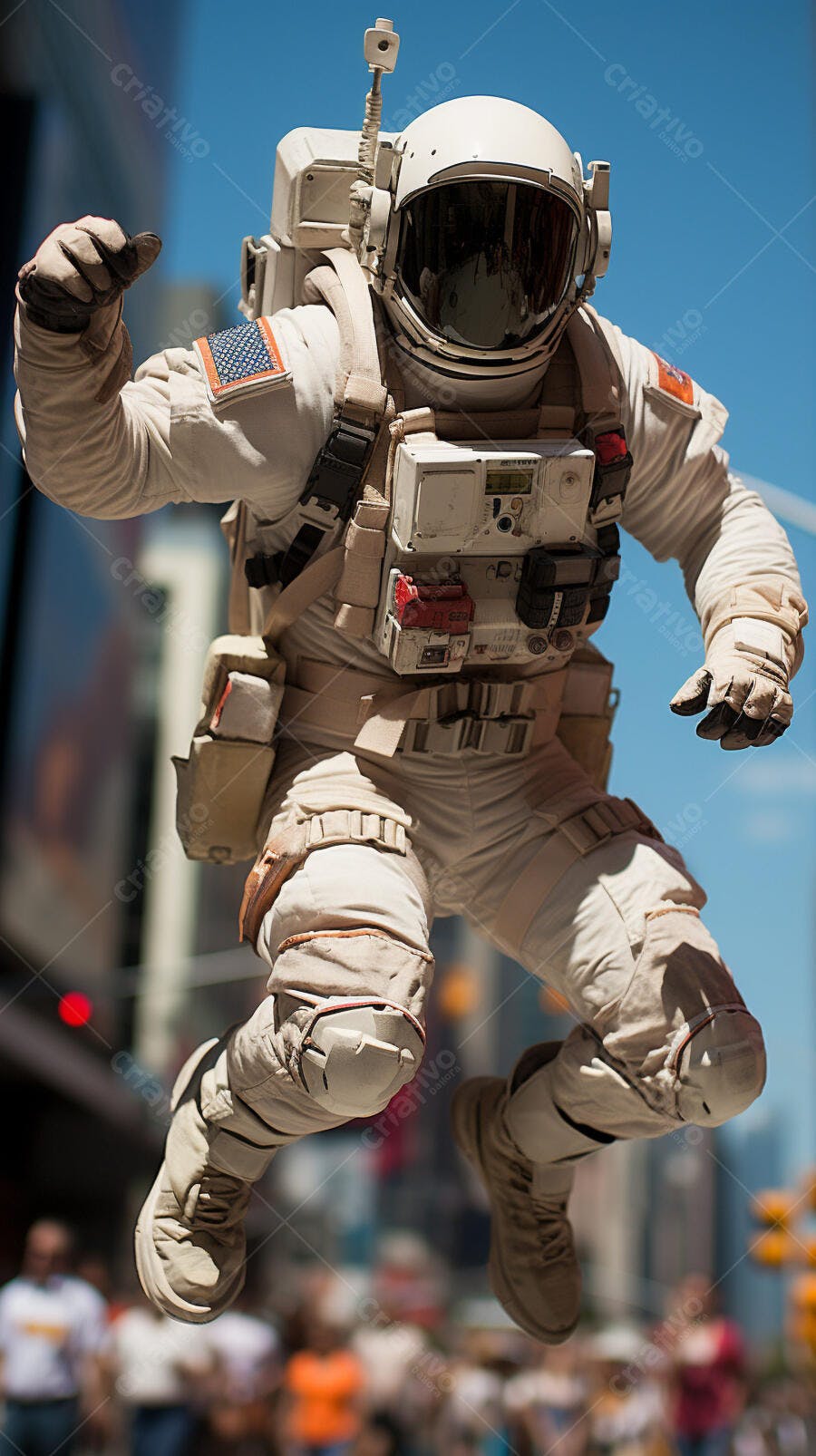 Astronauta pulando na cidade ensolarada