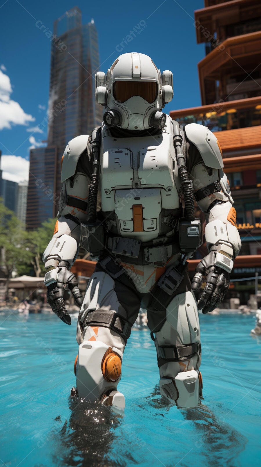 Robô futurista na água em cidade moderna