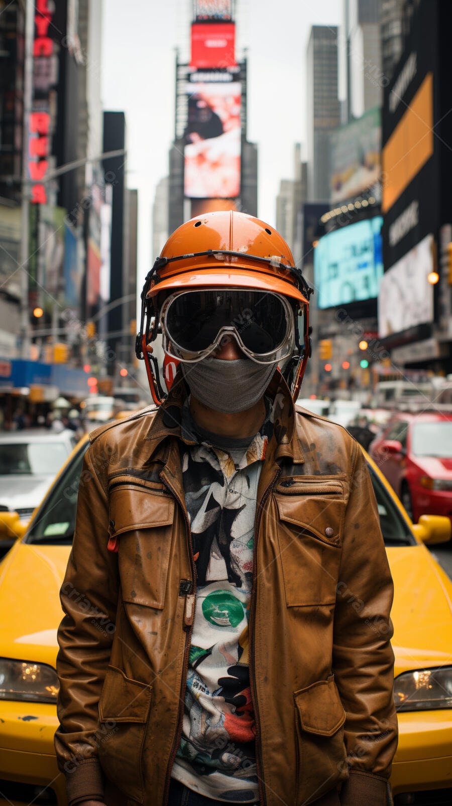 Homem com capacete laranja em Times Square