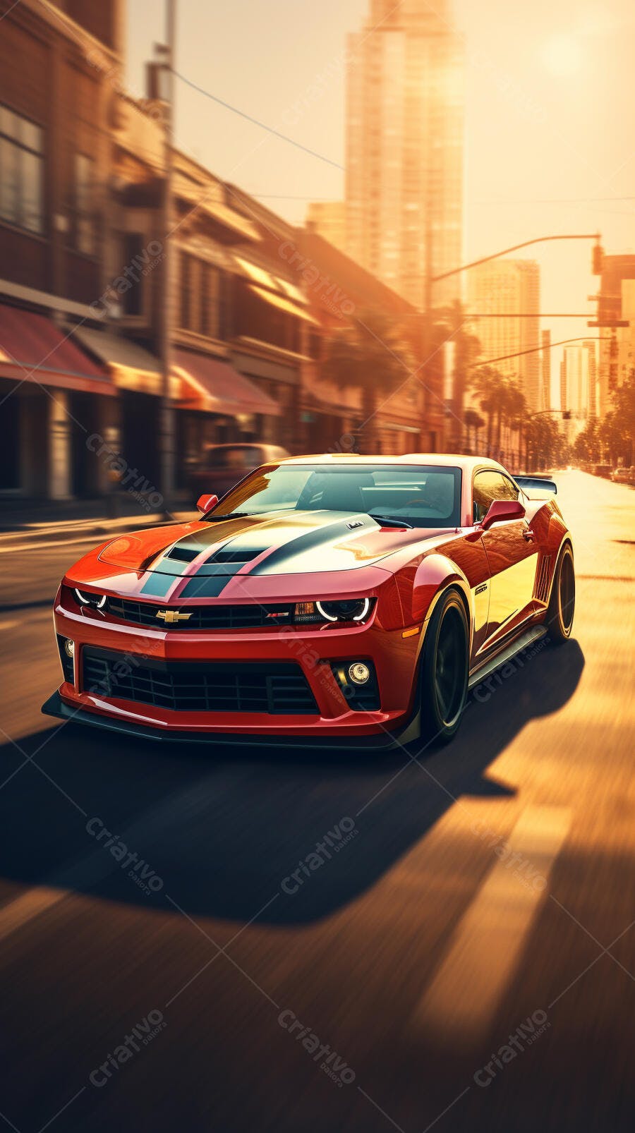 Chevrolet Camaro Vermelho em Rua da Cidade ao Pôr do Sol