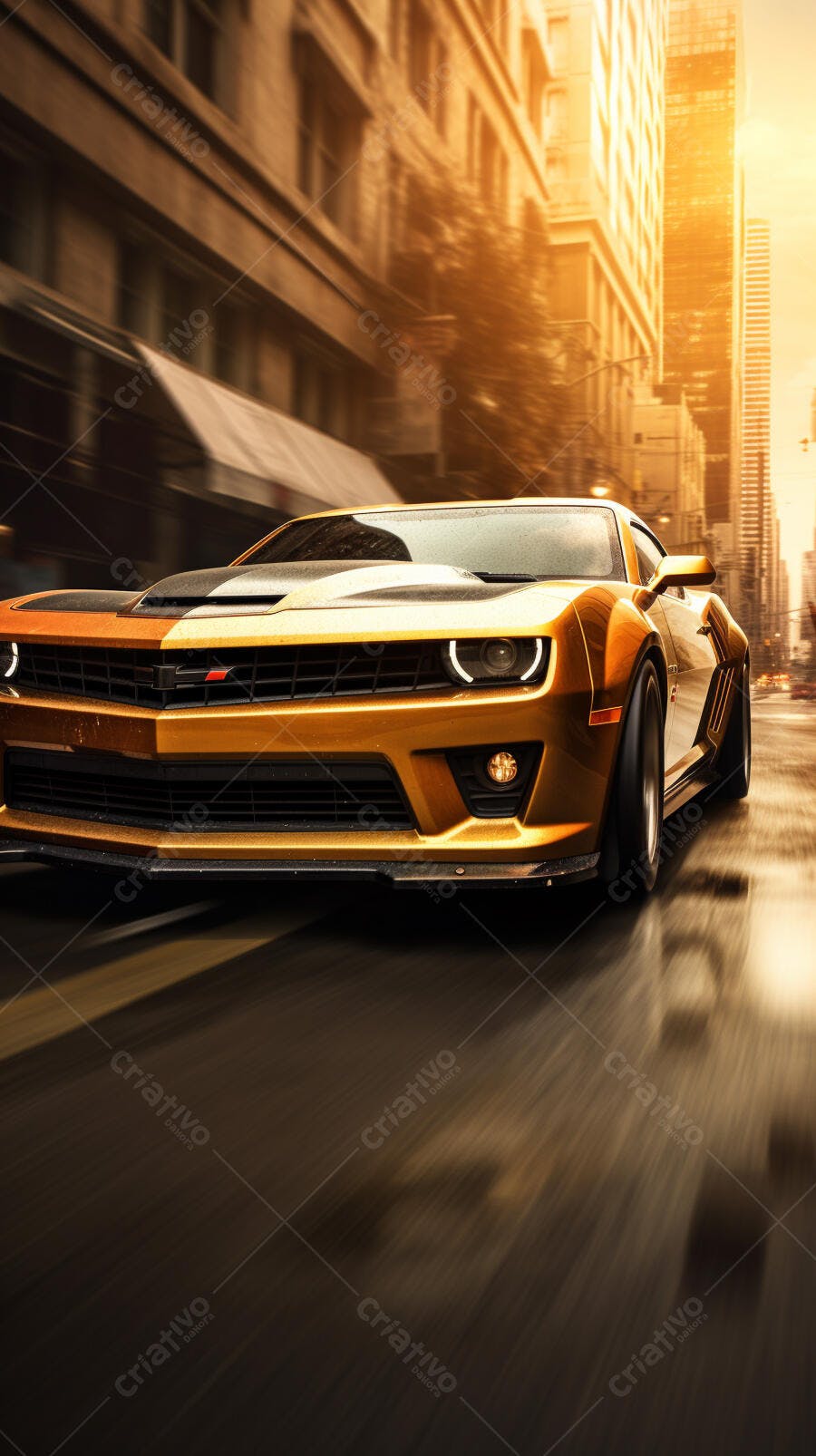 Muscle Car Dourado em Cidade ao Pôr do Sol