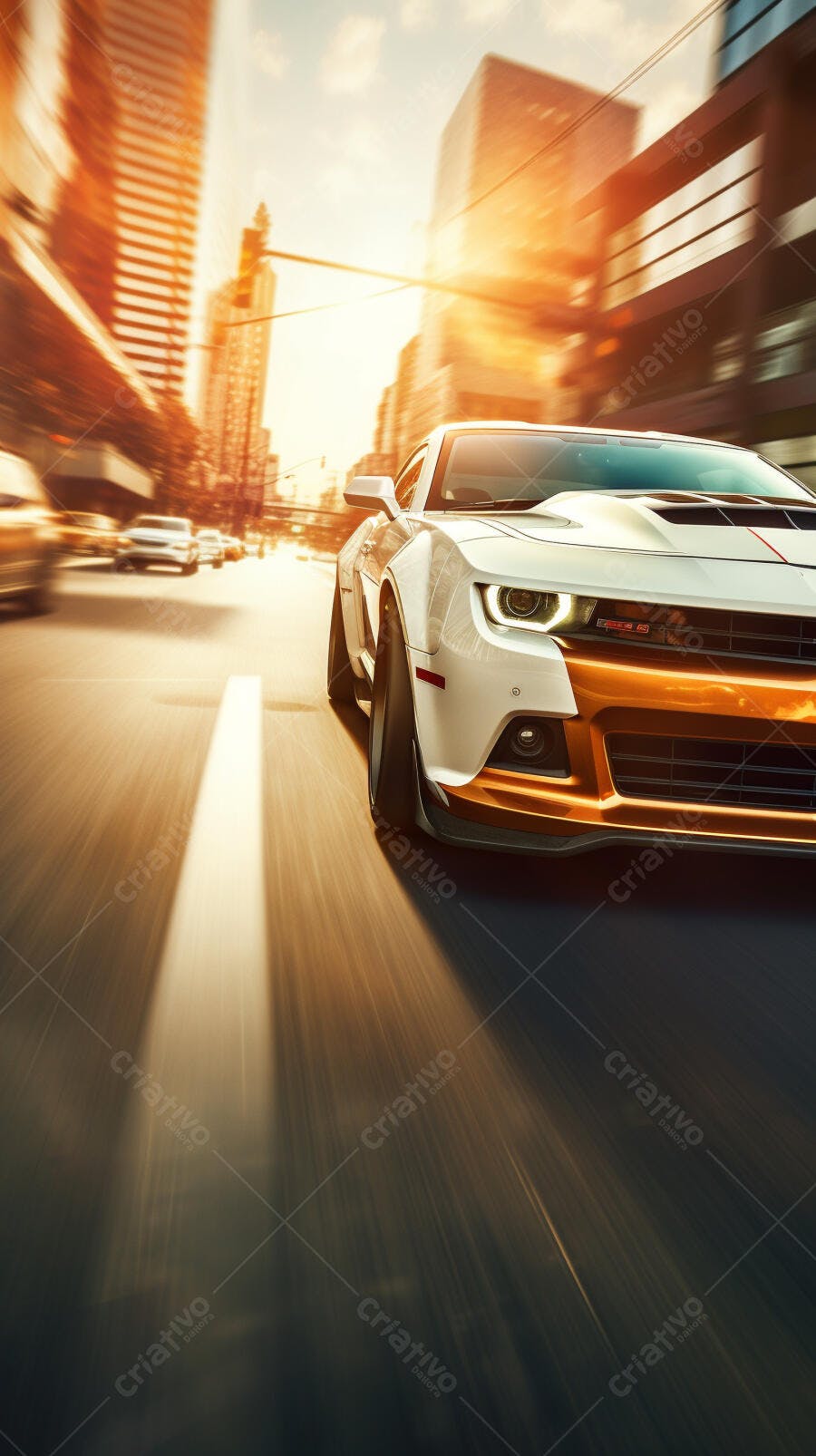 Muscle Car em alta velocidade cidade ao entardecer
