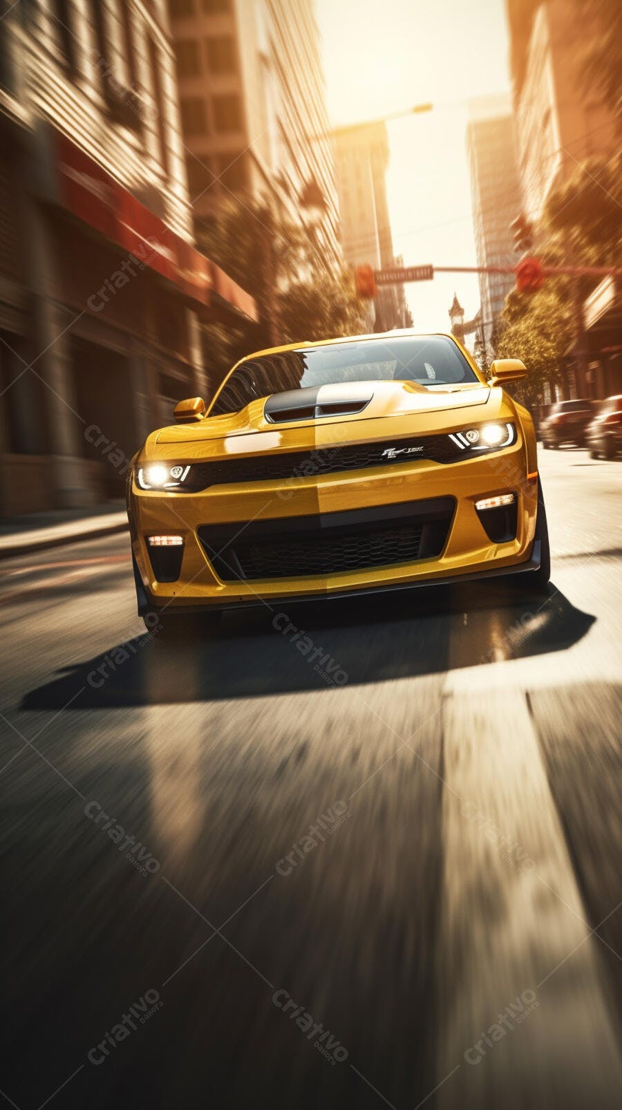 Muscle Car Amarelo em Alta Velocidade na Cidade