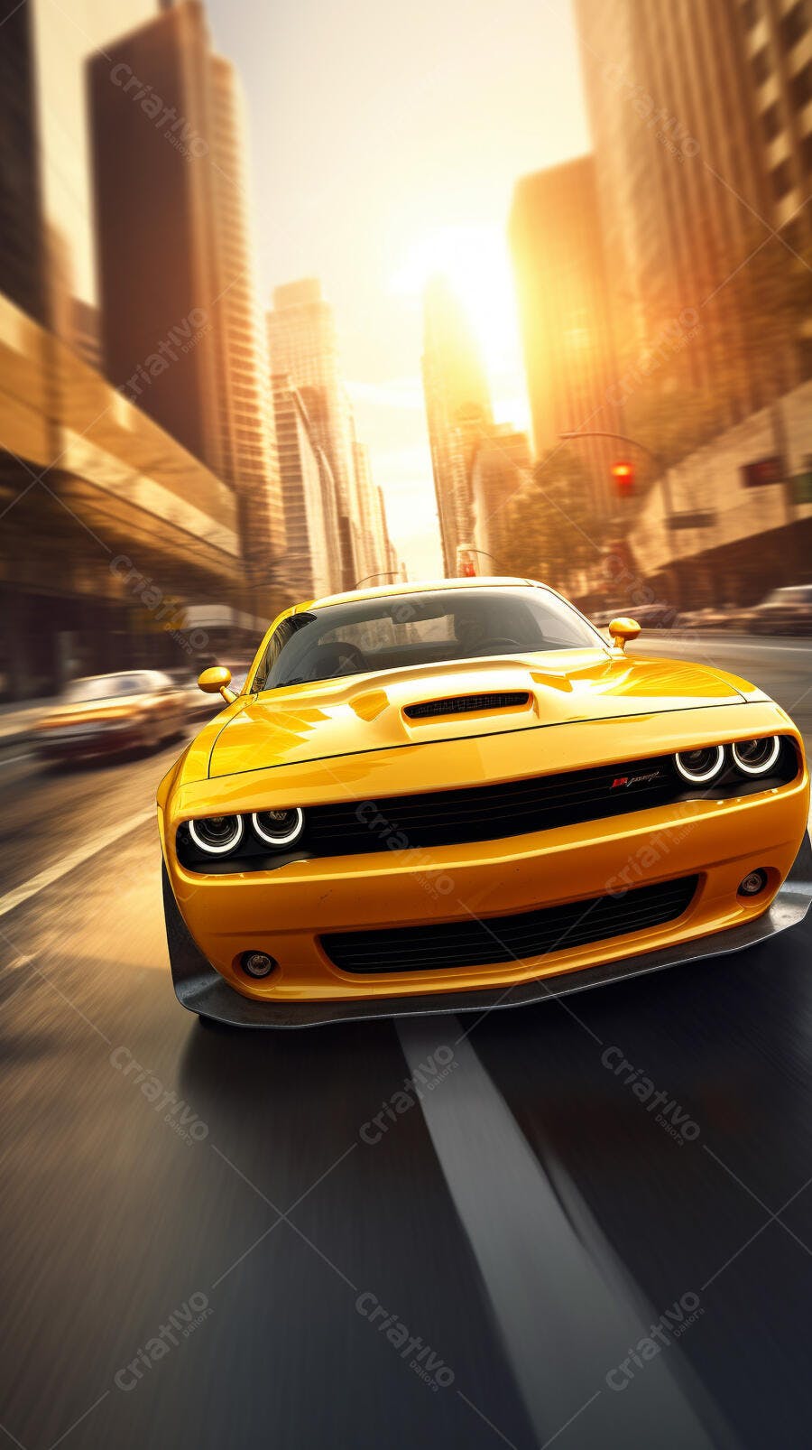 Muscle Car Amarelo em Cidade ao Entardecer