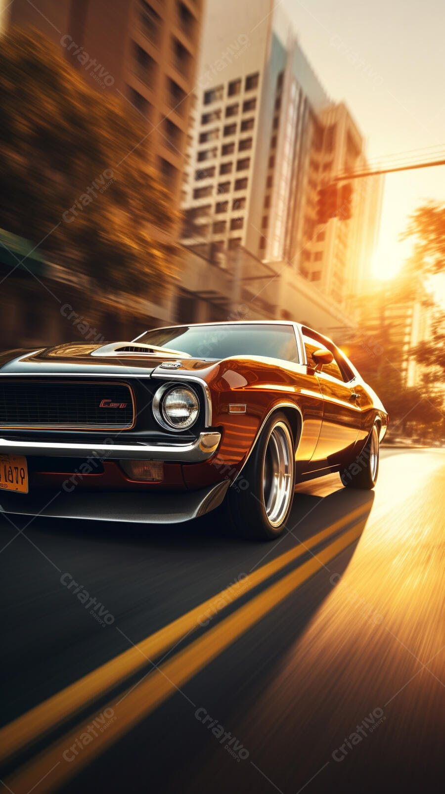 Muscle Car Laranja em alta velocidade na cidade