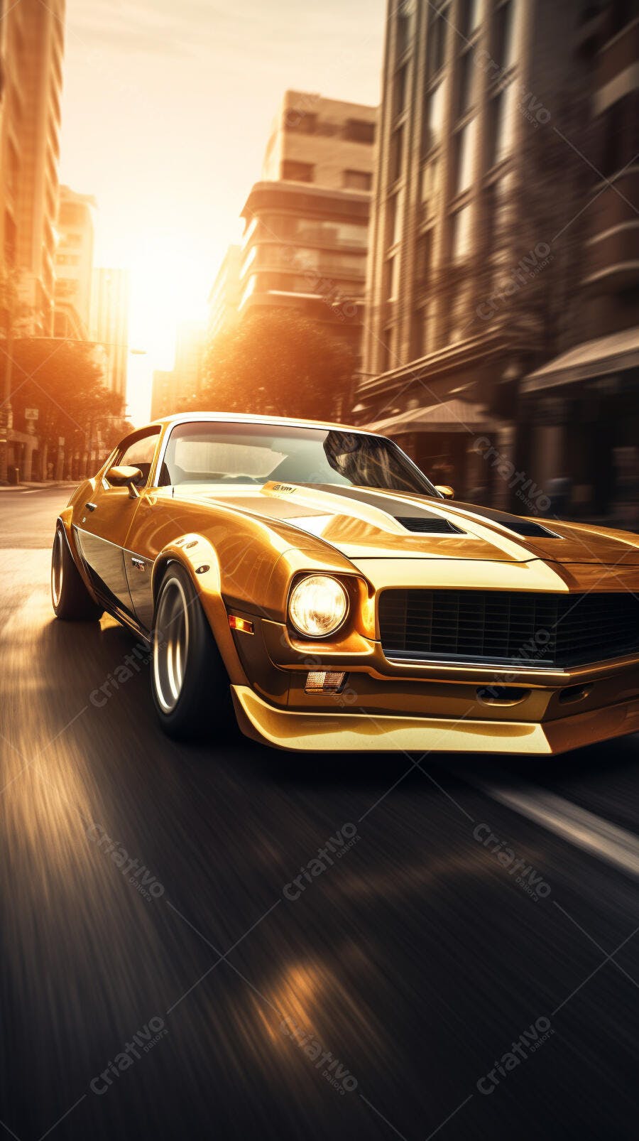 Muscle Car Dourado em Movimento na Cidade