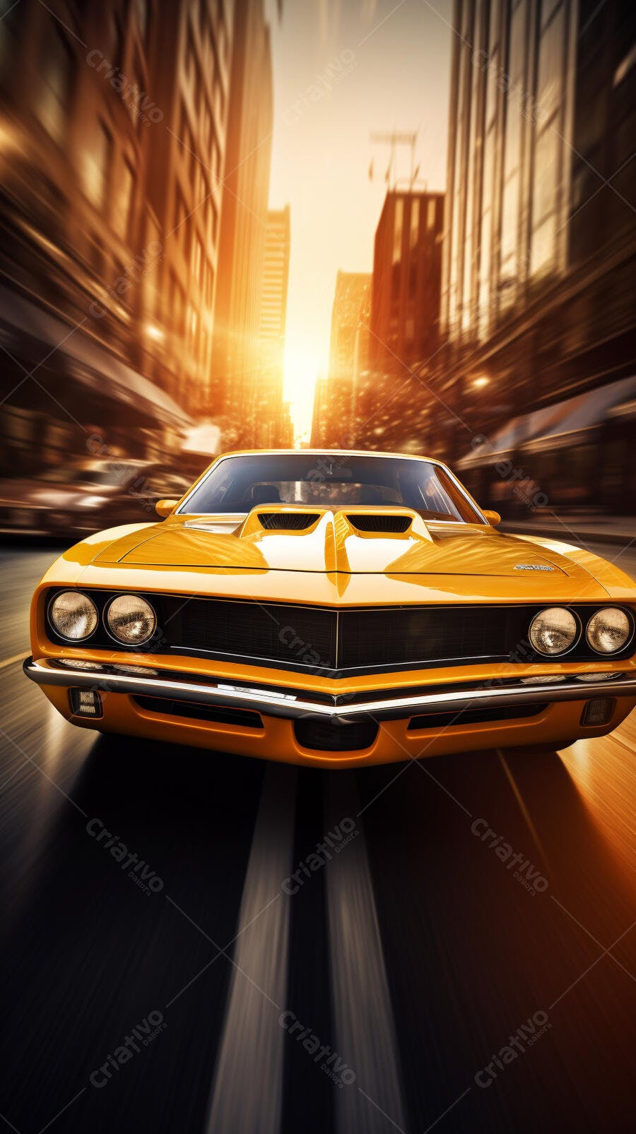 Muscle Car Amarelo em alta velocidade na cidade