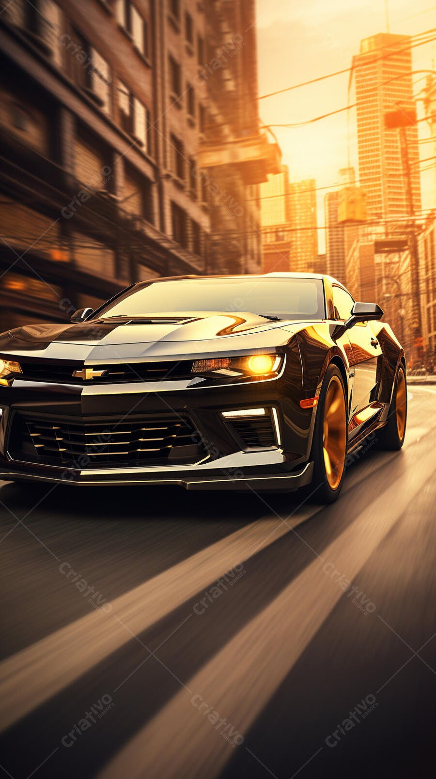 Chevrolet Camaro Preto em alta velocidade no entardecer