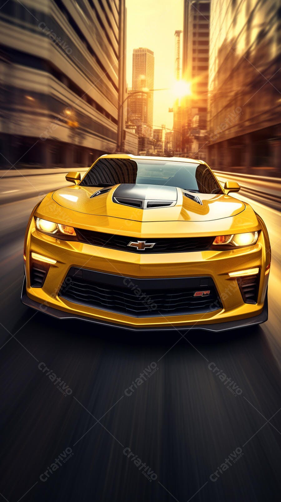 Chevrolet Camaro amarelo em alta velocidade na cidade
